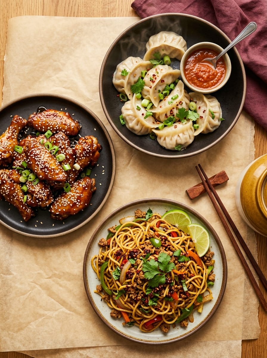 Overhead view of momos, glazed wings and keema noodles on parchment paper